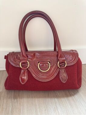 Sofia C. Made in Italy Burgundy Wool Patent Leather Satchel Handbag purse